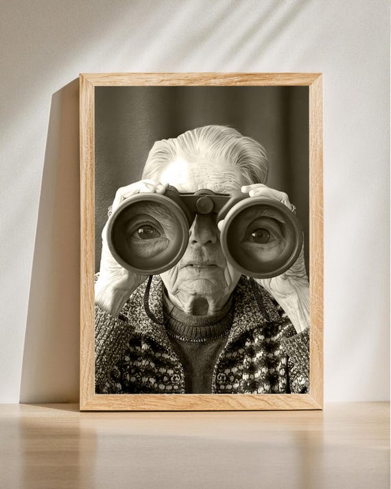 Elderly Woman With Binoculars Poster Quirky Wall Decor Modern Humor Print Unique Gift For Her Or Him