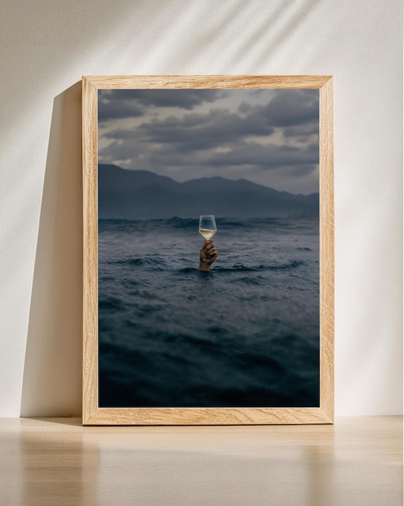 Hand Raising Wine Glass From Ocean Surreal Moody Seascape Poster