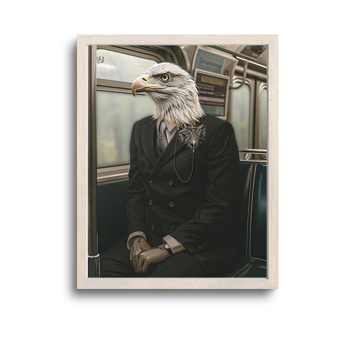 Bald Eagle In NY Subway Suit Poster Whimsical Maximalist Animal Humor Decor