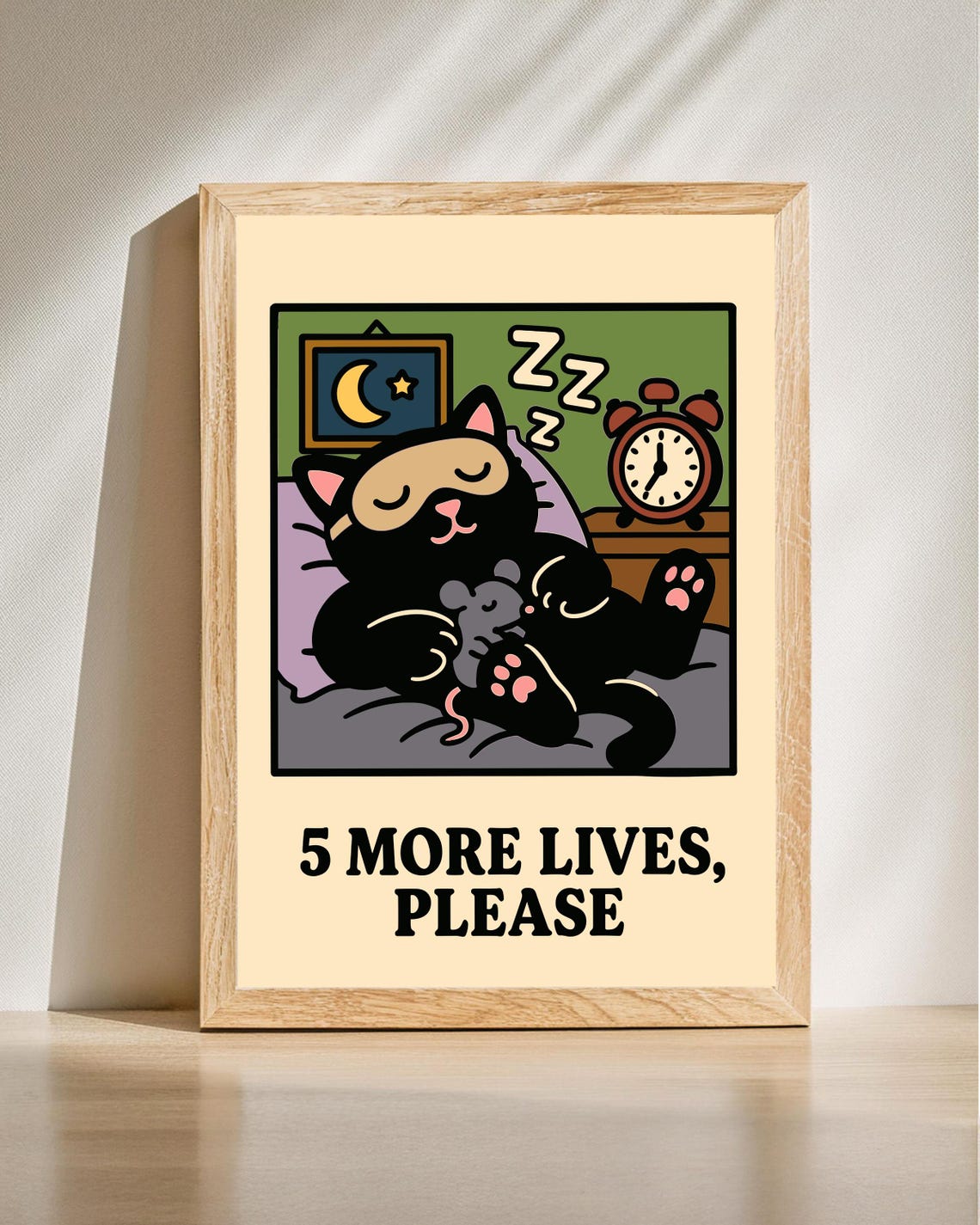 Five More Lives Please Sleeping Black Cat Alarm Clock Funny Poster