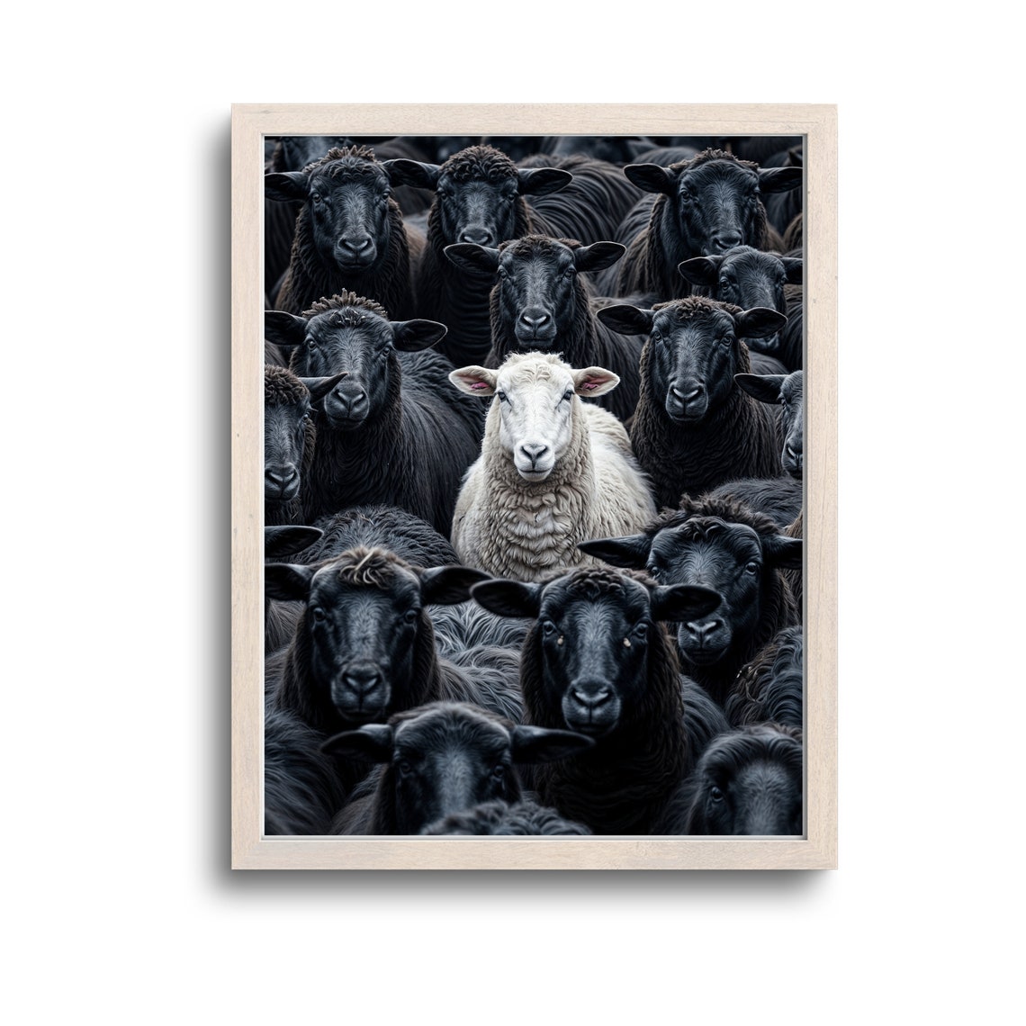 Single White Sheep Standing Out Among Black Sheep Photo Poster