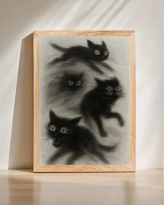 Anxious Black Cat Art Print Mental Chaos Poster Funny Anxiety Artwork Lovers