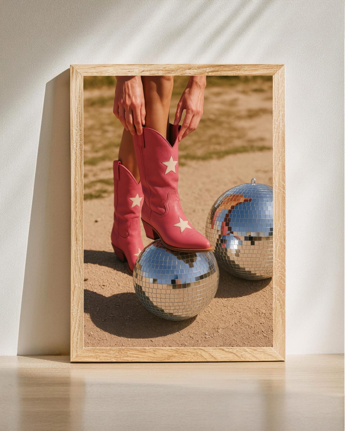Retro Pink Cowboy Boots Funky Disco Vibe Starry Western Style Discoball Art Glam Wall Decor