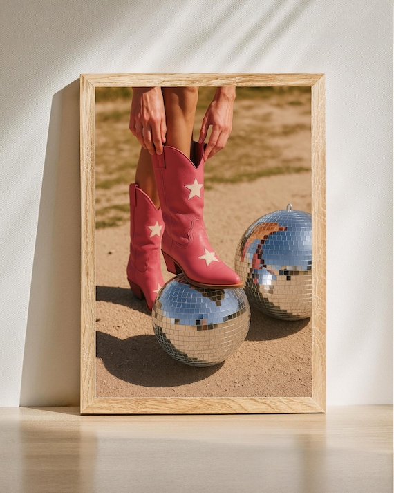 Retro Pink Cowboy Boots Funky Disco Vibe Starry Western Style Discoball Art Glam Wall Decor