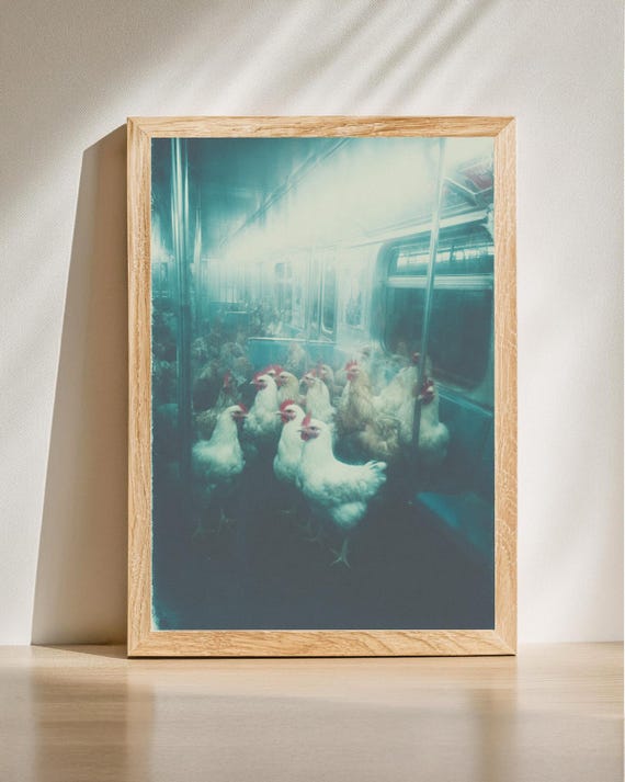Chicken Subway Dreamlike Urban Art Unique Animal Scene Whimsical Home Decor Illustration