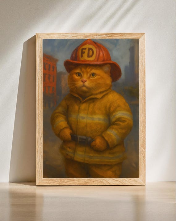 Funny Firefighter Cat Art Fireman Print Vintage Poster Hero Wall Lover Gift Kids Room Decor