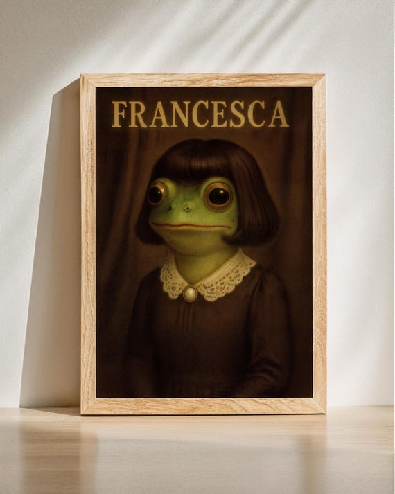 Frog Lady Portrait Vintage Style Anthropomorphic Animal Art Whimsical Home Decor Fun Wall