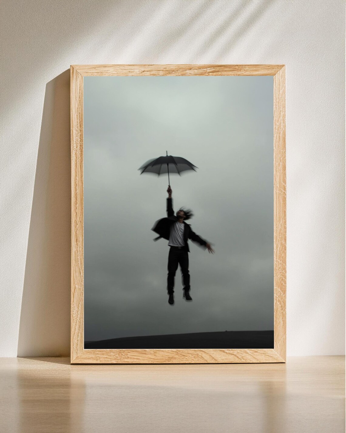 Man Flying With Black Umbrella Dreamlike Surreal Photography Poster