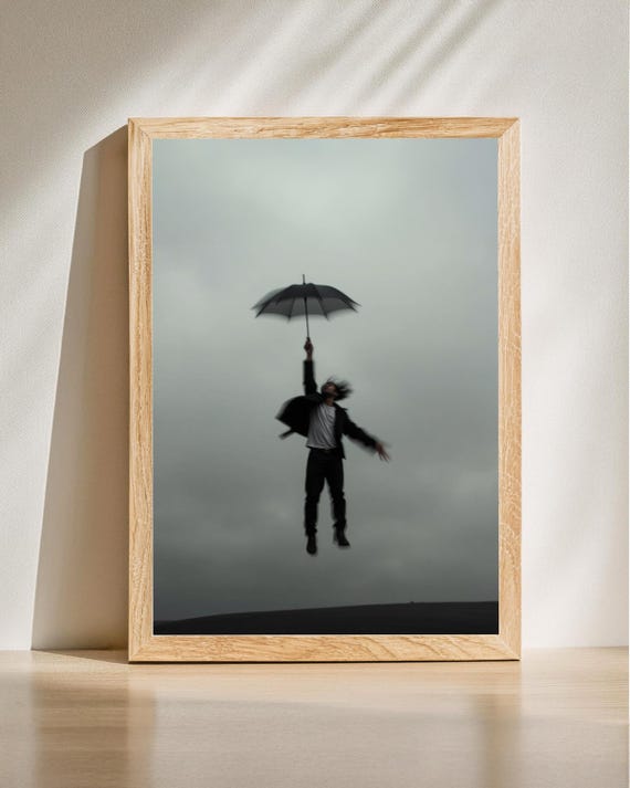 Umbrella Flight Photo Dreamlike Art Modern Minimalist Unique Wall Atmospheric Decor