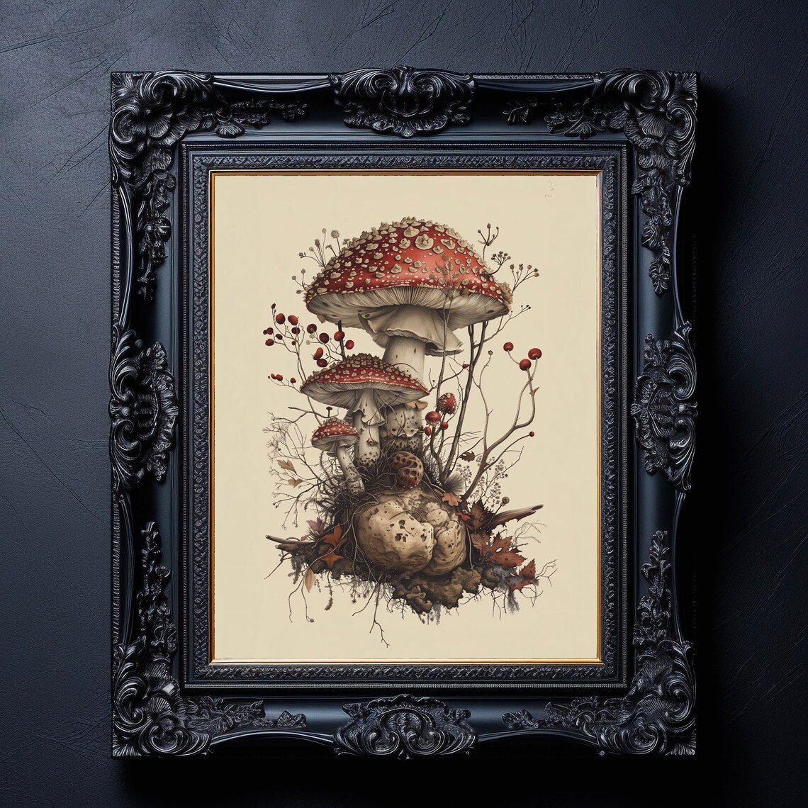 Mushrooms Print Botanical Art Poster Amanita Illustration Wall Fungi Gothic Decor