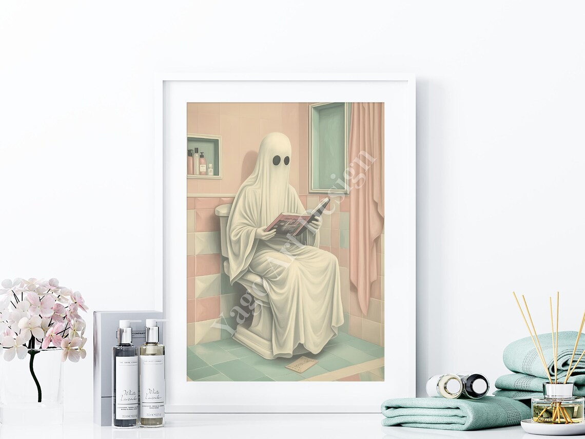 White Ghost Reading Magazine on Toilet Pastel Bathroom Art Poster - Image 4