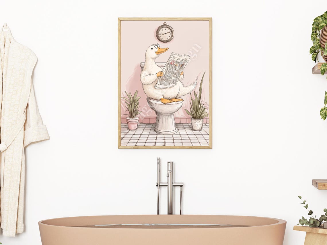 Cute Duck Reading Newspaper on Toilet Pink Funny Bathroom Poster - Image 2