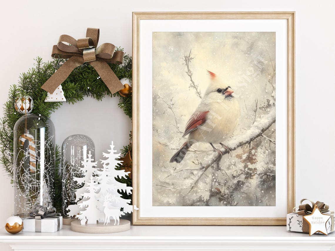 Snow Covered White Cardinal Branch Rustic Winter Bird Poster