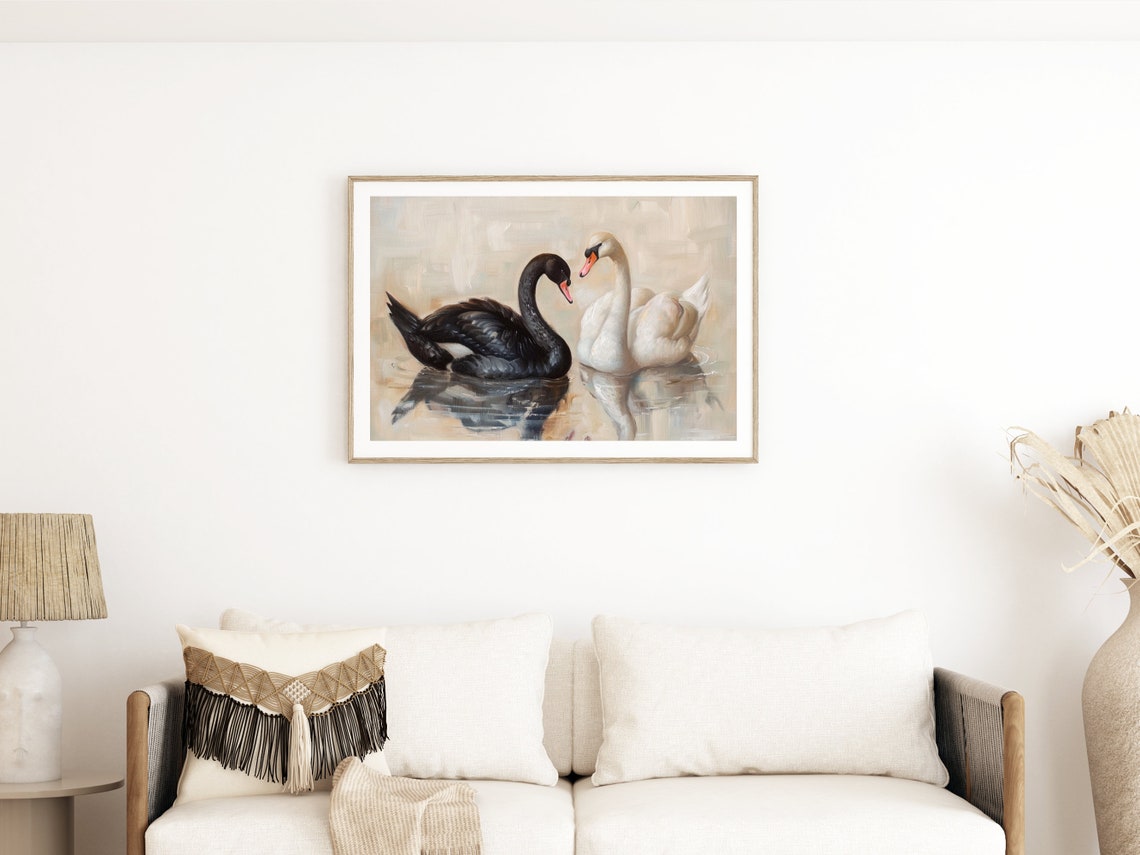 Black and White Swans Face to Face Elegant Oil Painting Poster - Image 3