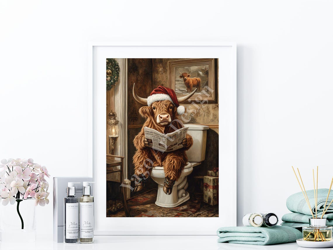 Highland Cow With Santa Hat Wall Art Cow On Toilet Victorian Era Painting Funny Bathroom Print Animal On Toilet Whimsy Animal Decor - Image 4