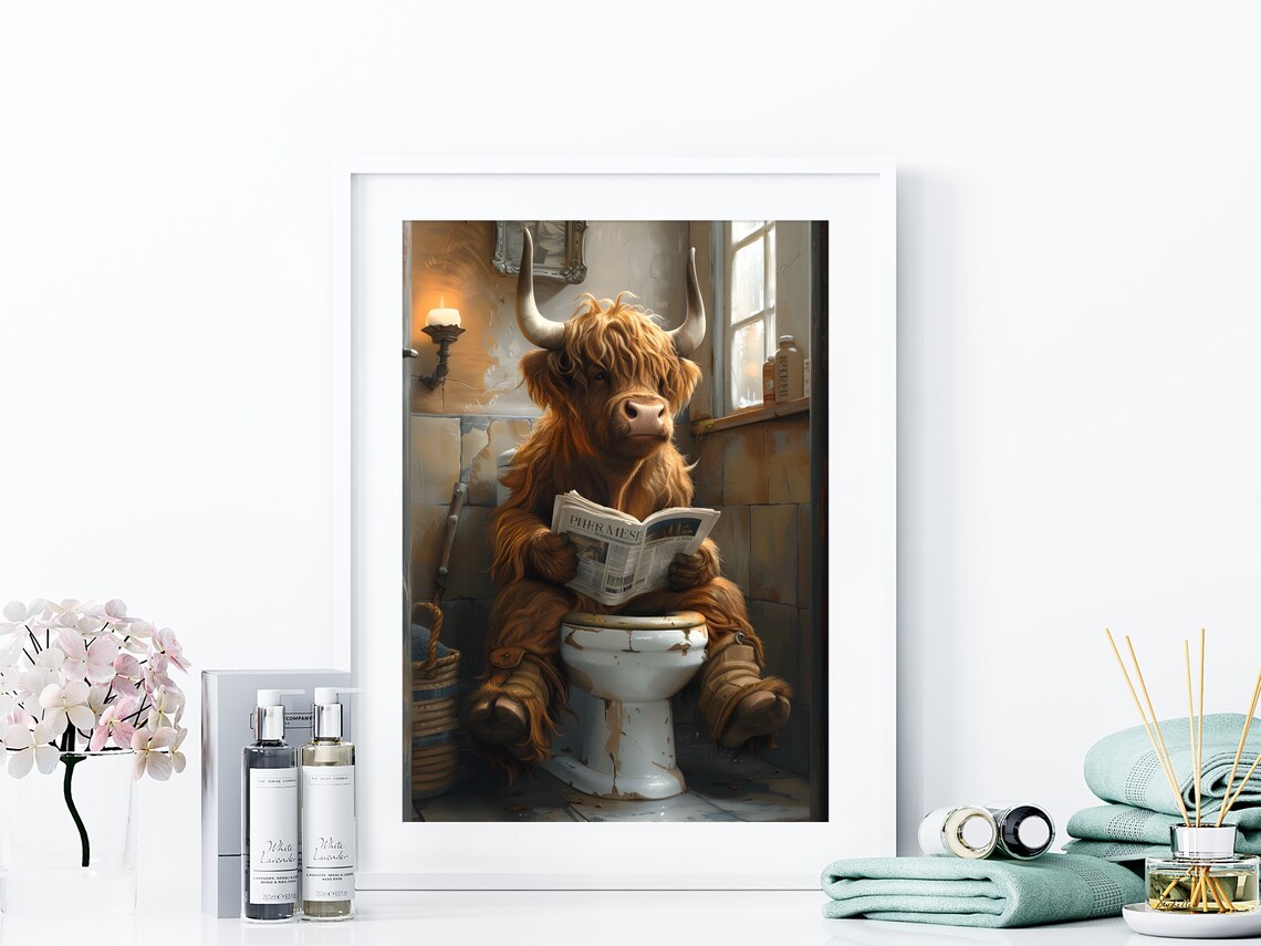 Highland Cow Sitting On Toilet Reading Newspaper Vintage Wall Art Funny Bathroom Print Animal On Toilet Poster Whimsy Animal Wall Art - Image 4