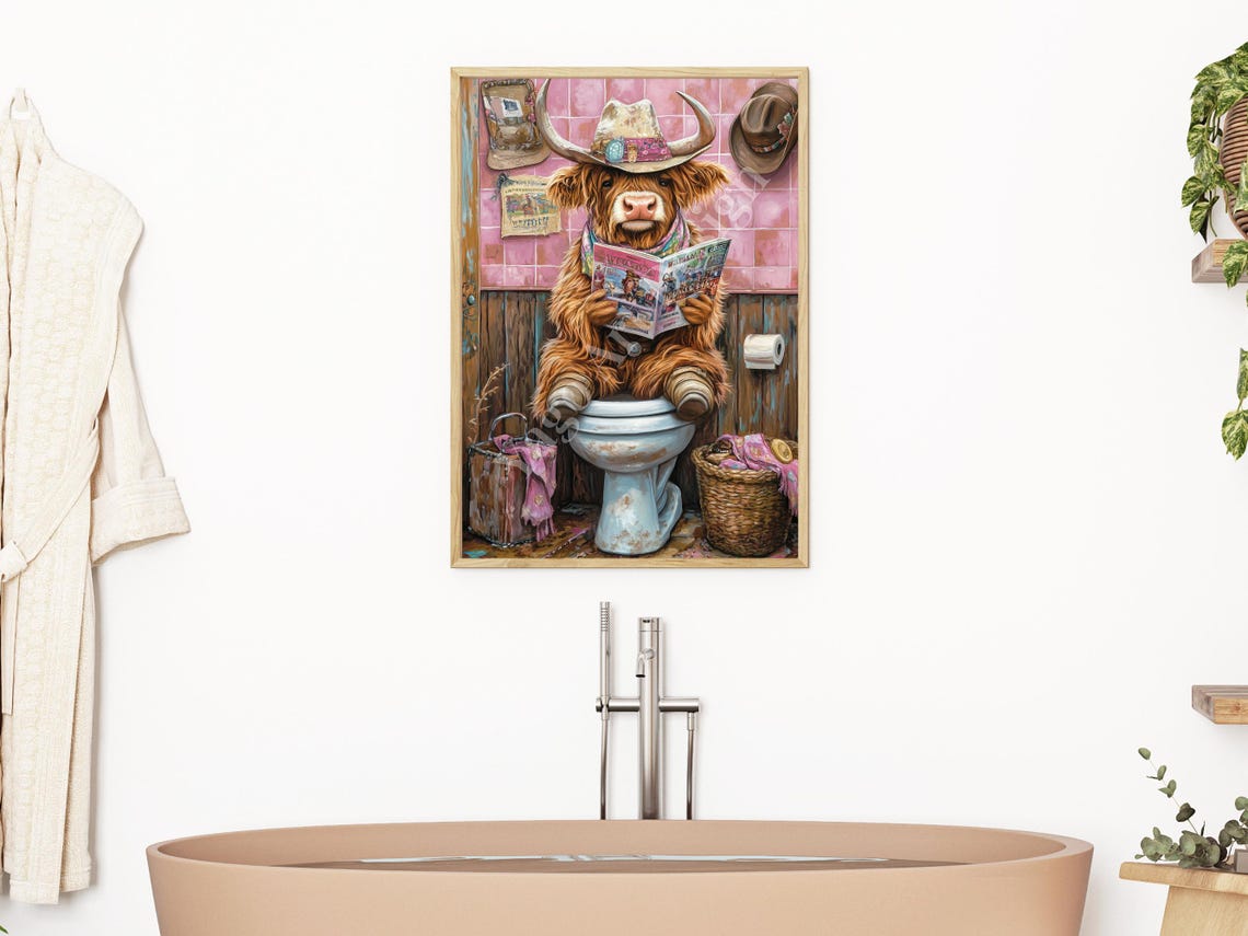Cowgirl Highland Cow Sitting On Toilet Art Print Rustic Farmhouse Bathroom Decor Trendy Preppy Pink Toilet Poster Cute Western Cowgirl
