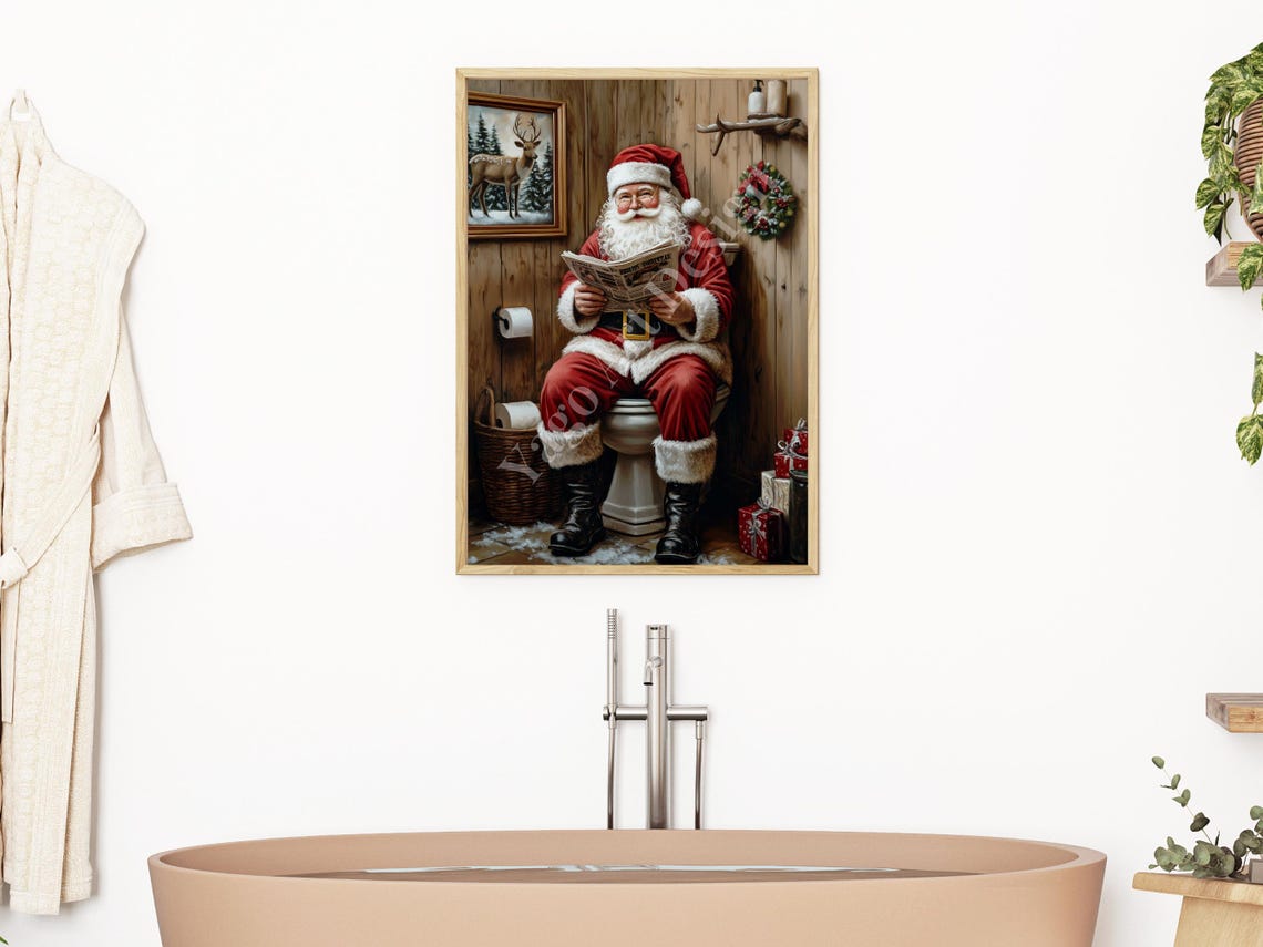 Santa Claus Reading Newspaper on Toilet Poster Rustic Bathroom - Image 2