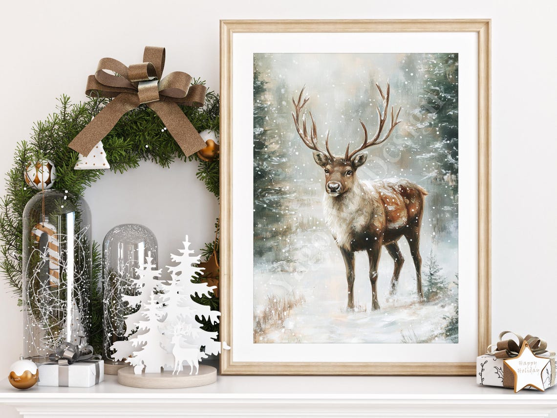Reindeer in Snowy Forest Poster Winter Woodland Wildlife Fine Art - Image 2
