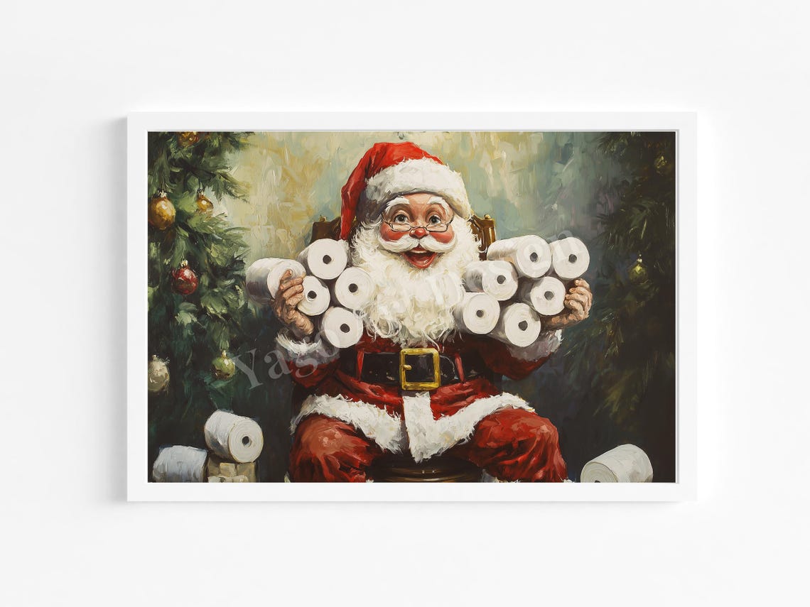 Funny Santa on Toilet with Toilet Paper Christmas Bathroom Poster - Image 4