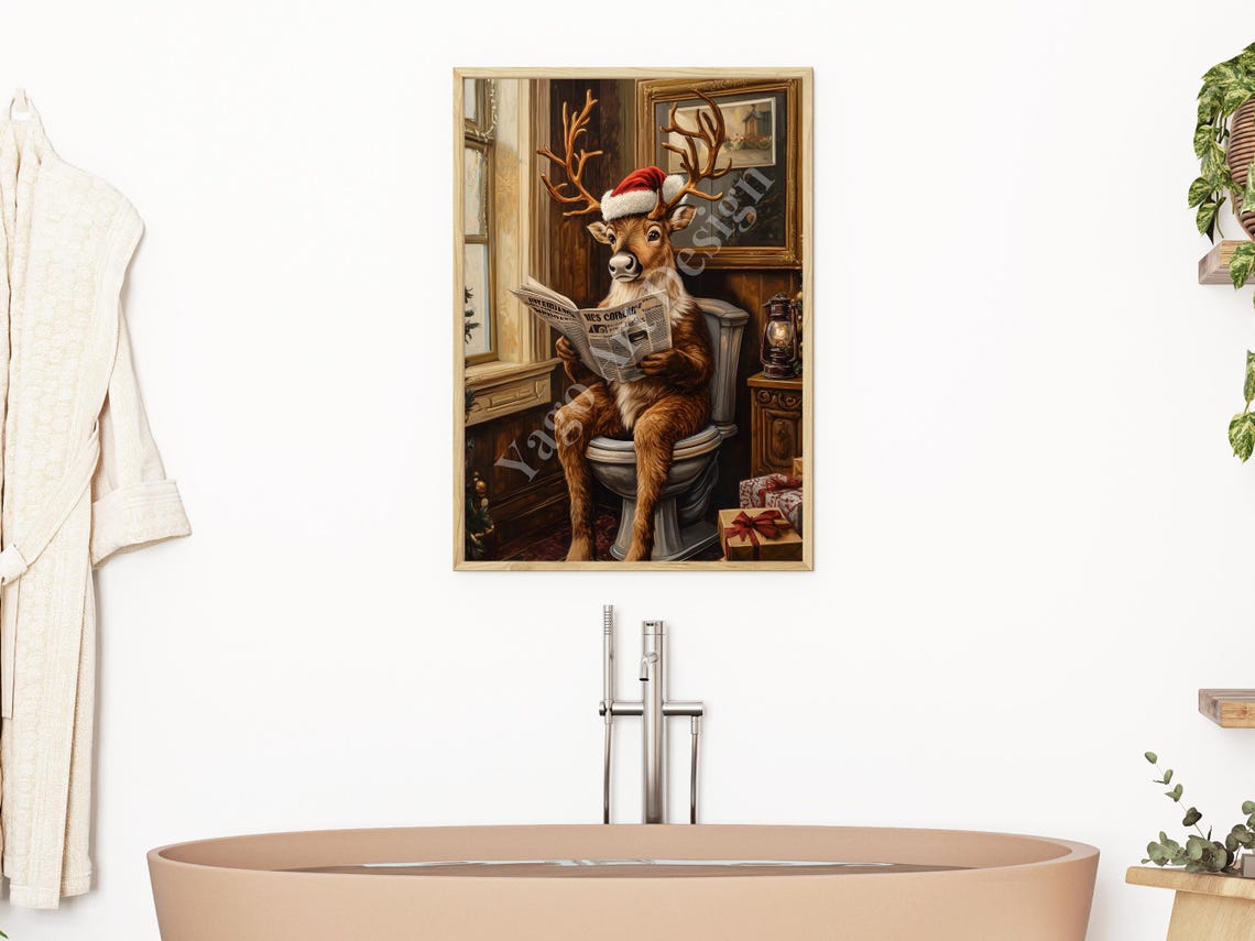 Reindeer Wearing Santa Hat Reading Newspaper Cozy Christmas Poster - Image 2