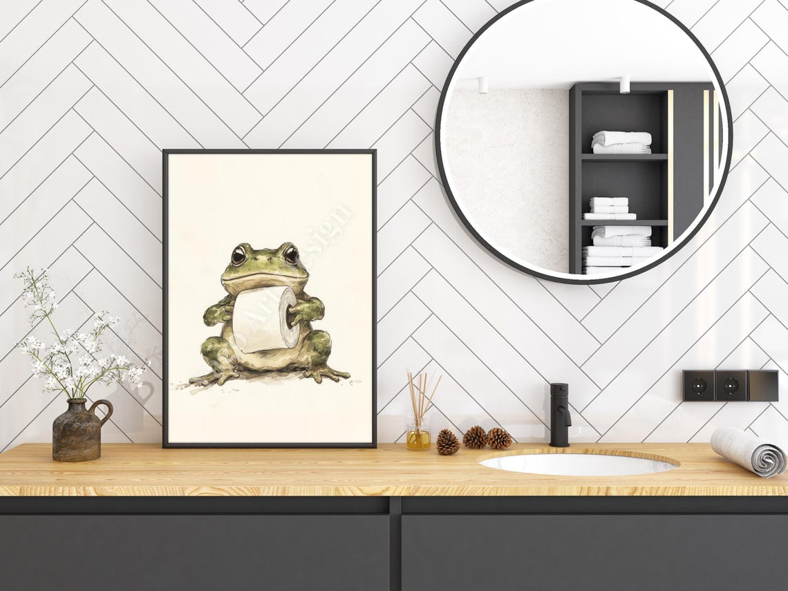 Toad Holding Toilet Paper Roll Minimalist Funny Bathroom Poster - Image 3