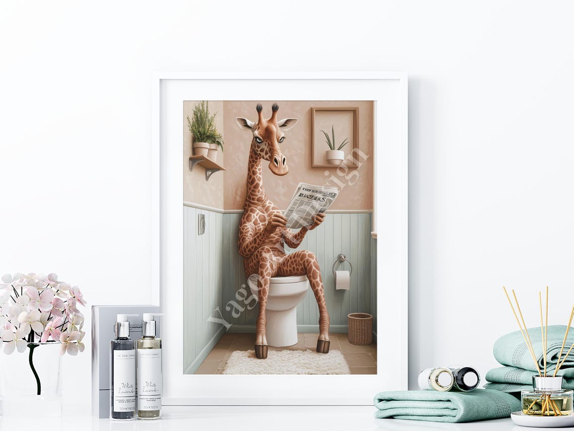 Giraffe Sitting on Toilet Reading Newspaper Poster Bathroom Humor - Image 4
