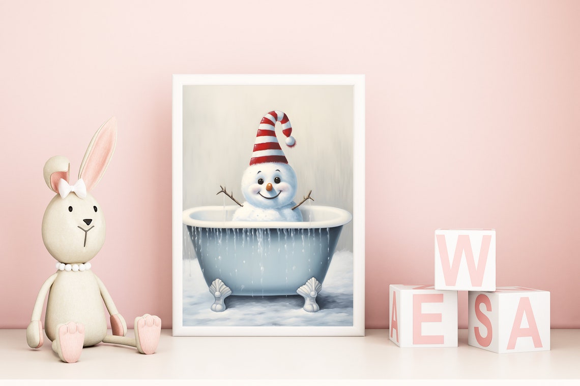 Cute Smiling Snowman In Bathtub Striped Hat Kids Christmas Wall Art - Image 4