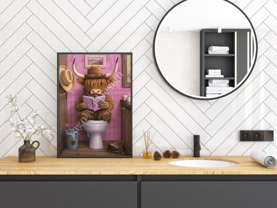 Cowgirl Highland Cow Sitting On Toilet Art Print Rustic Farmhouse Bathroom Decor Trendy Preppy Pink Toilet Poster Cute Western Cowgirl - Image 3