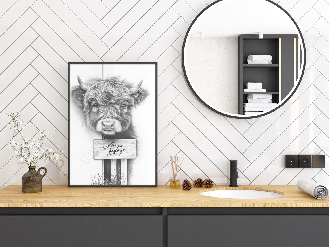 Highland Cow Are You Pooping Sign Funny Bathroom Wall Poster - Image 2