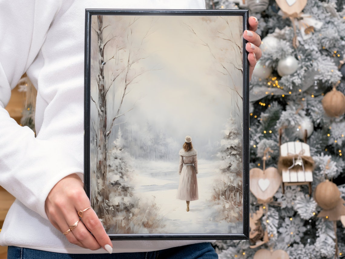 Woman Walking Down Snowy Path Soft Winter Landscape Art Poster - Image 4