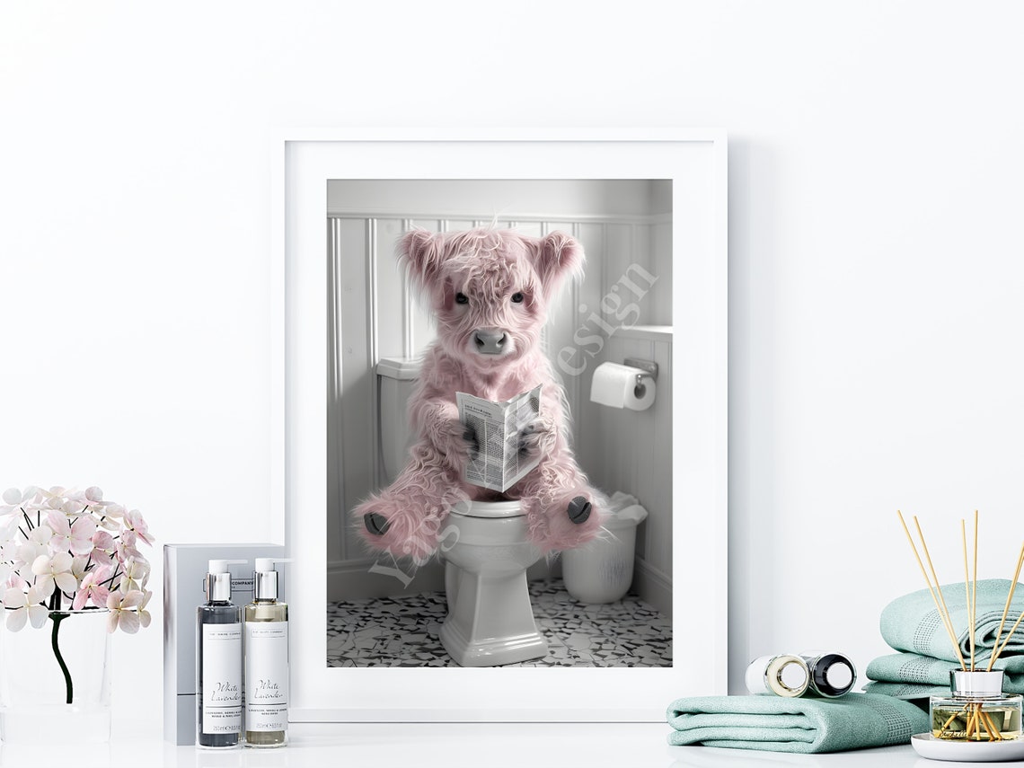 Highland Cow Sitting On Toilet Pink Highland Calf Bathroom Decor Cute Pink Bathroom Print Animal On Toilet Poster Whimsy Animal Art - Image 4
