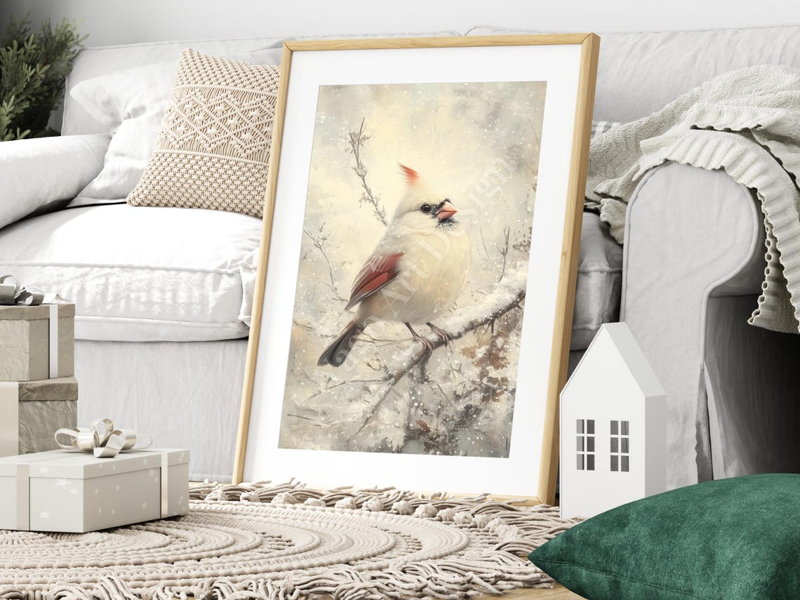Snow Covered White Cardinal Branch Rustic Winter Bird Poster - Image 2
