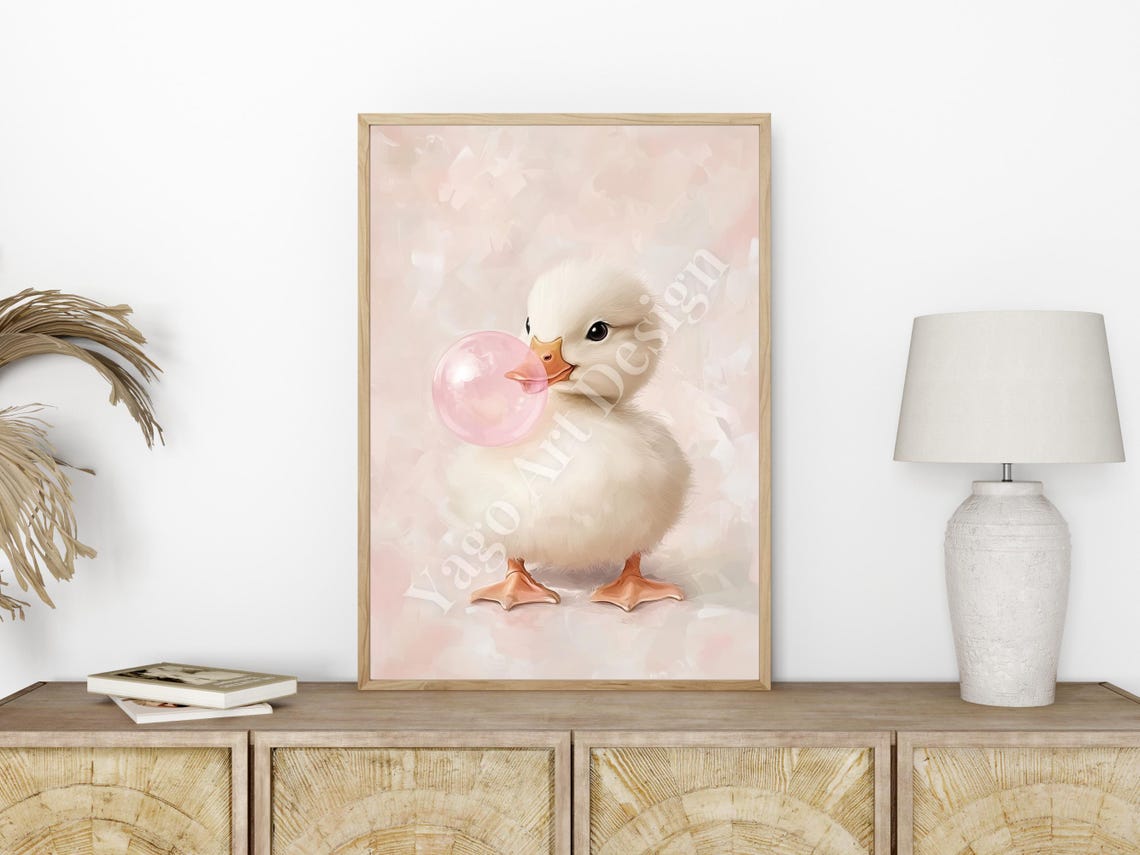 Fluffy Duckling Blowing Pink Bubblegum Bubble Cute Nursery Poster - Image 2