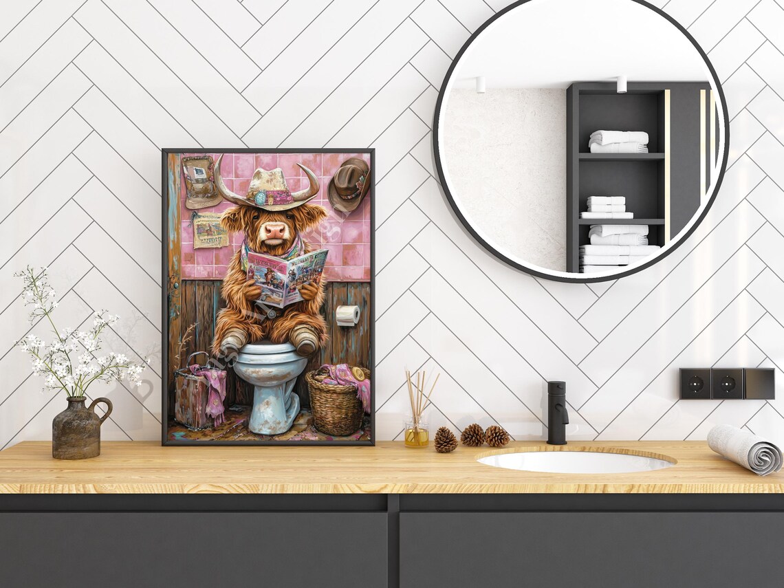 Baby Highland Cow In Cowboy Hat On Toilet Funny Bathroom Poster - Image 2