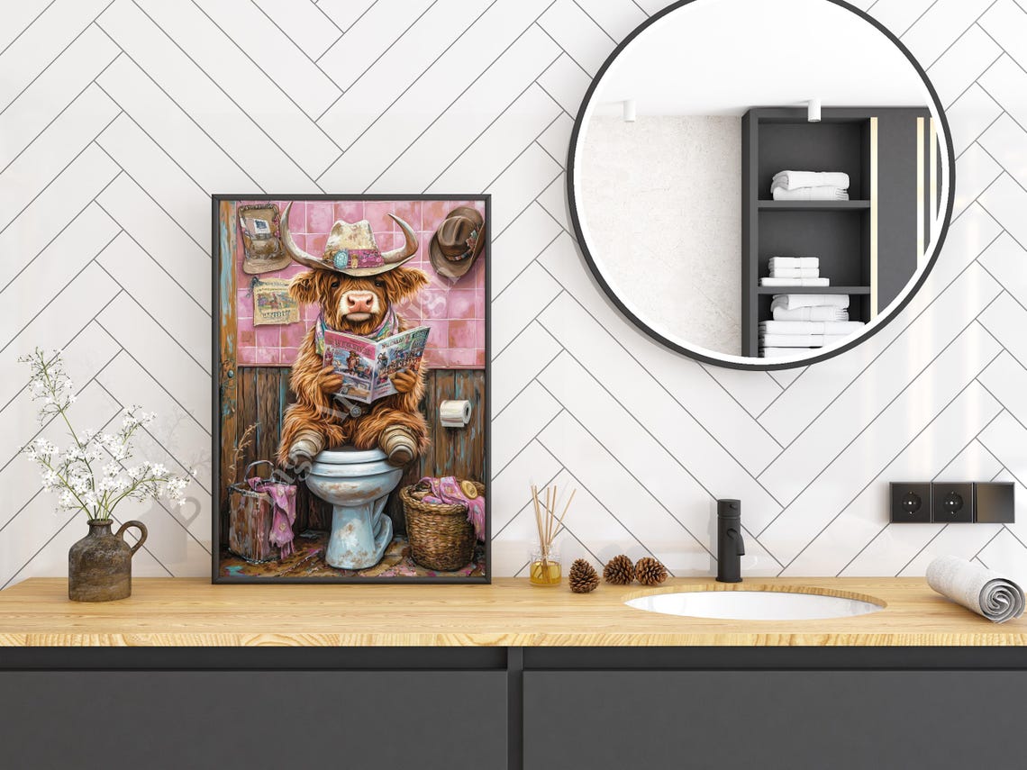 Cowgirl Highland Cow Sitting On Toilet Art Print Rustic Farmhouse Bathroom Decor Trendy Preppy Pink Toilet Poster Cute Western Cowgirl - Image 2