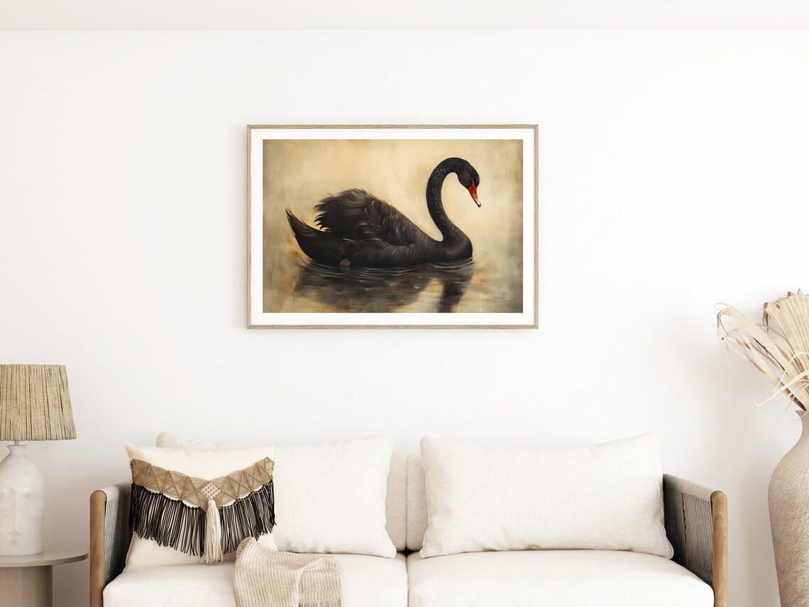 Antique Black Swan Wall Art Painting Vintage Swan Painting Neutral Wall Art Large Wall Art Minimalist Vintage Swan Print Office Print - Image 3