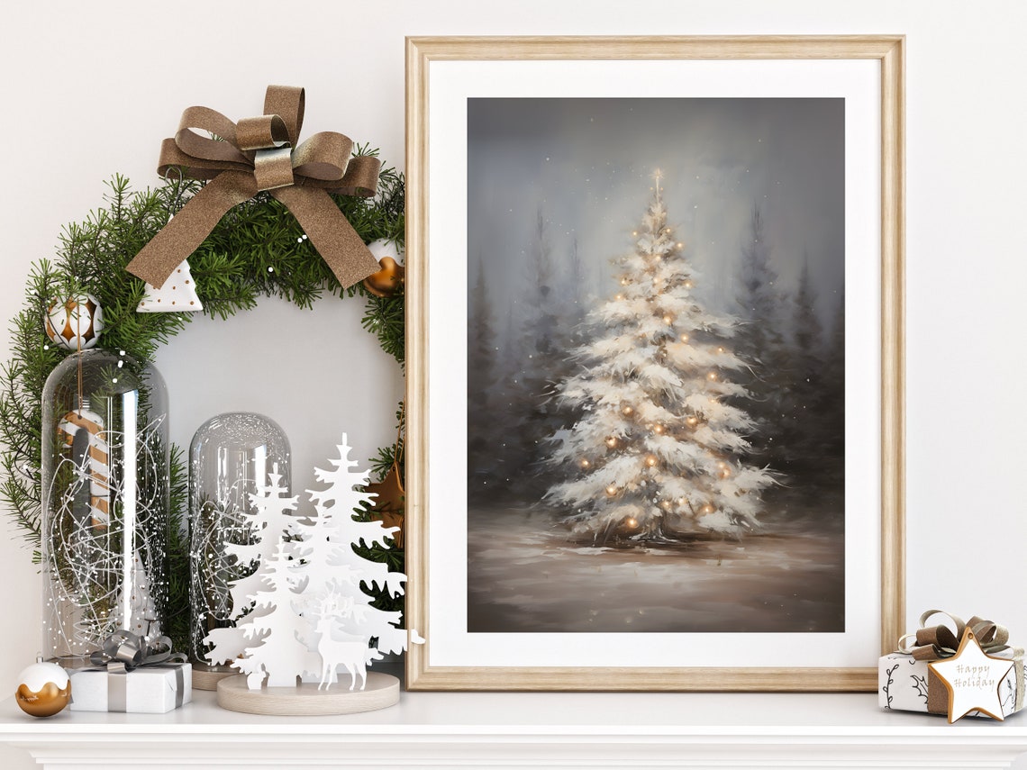 Snow Covered White Christmas Tree Winter Night Forest Wall Art - Image 3