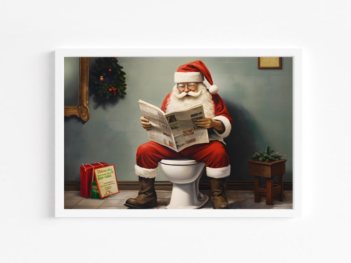 Santa Claus on Toilet Reading Newspaper Funny Bathroom Poster - Image 4