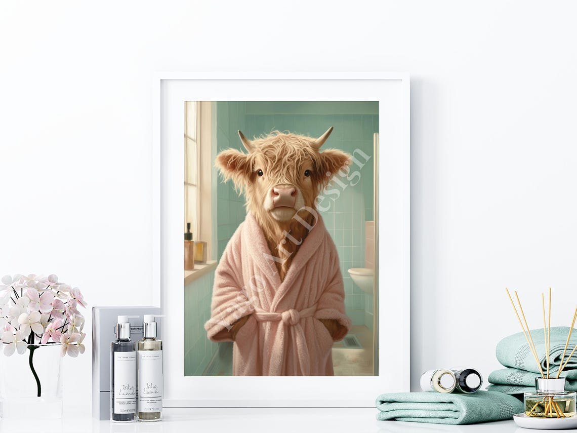 Highland Cow in Pink Bathrobe Poster Cute Pastel Bathroom Decor - Image 4