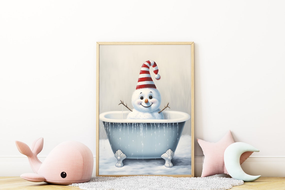 Cute Smiling Snowman In Bathtub Striped Hat Kids Christmas Wall Art - Image 2