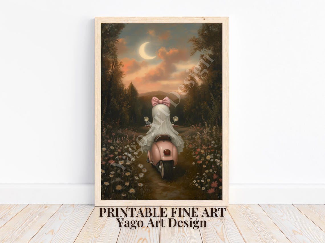 Cute Ghost with Pink Bow Riding Scooter on Forest Path Art Poster