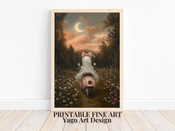 Ghost Art Ghost On Moped In Forest Meadow Cute Ghost With Pink Bow Ghost On Pink Moped Autumn Ghost Painting Vintage Girly Art Print