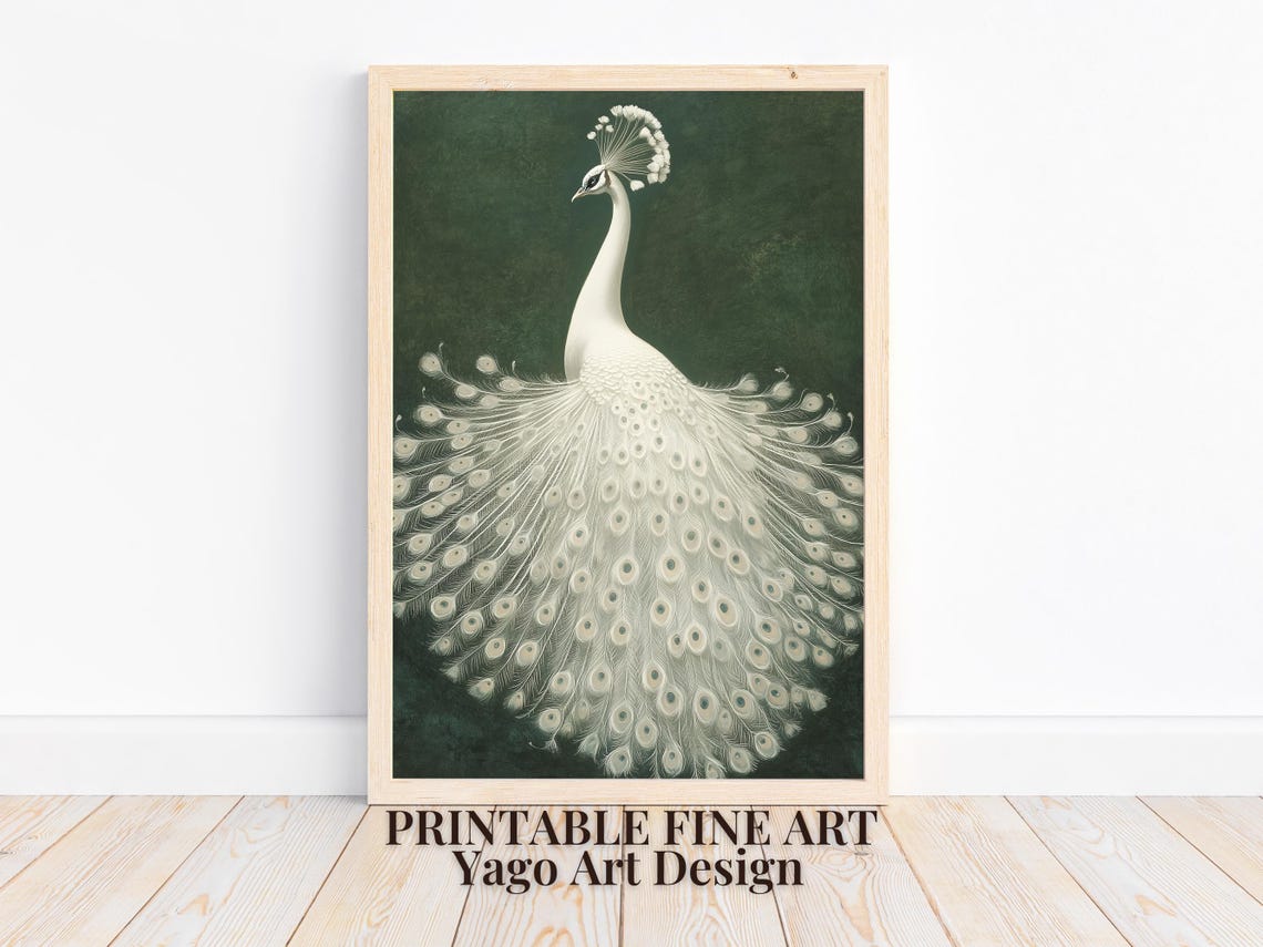 White Peacock with Fanned Tail on Dark Green Elegant Art Poster