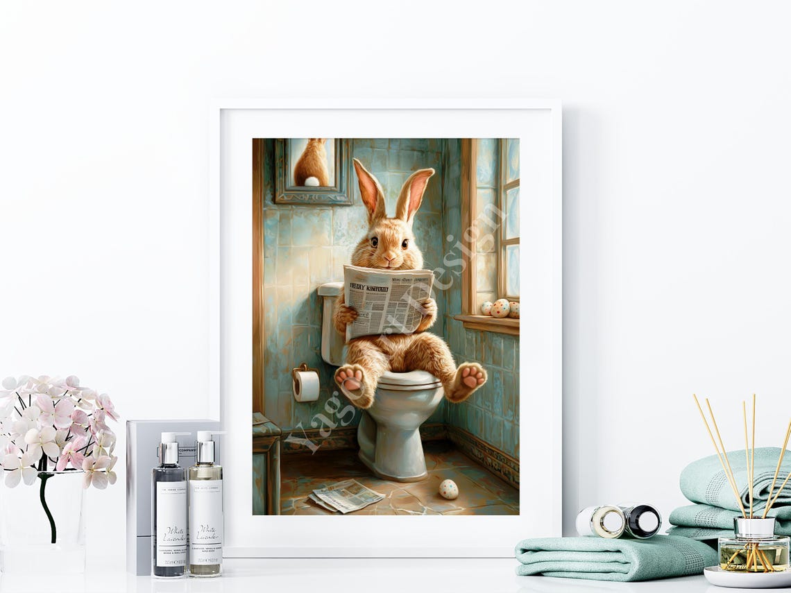 Easter Bunny On Toilet Reading Newspaper Funny Bathroom Poster - Image 4