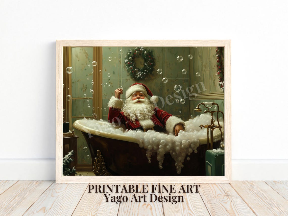 Santa Claus Relaxing in Bubble Bath Funny Christmas Wall Poster