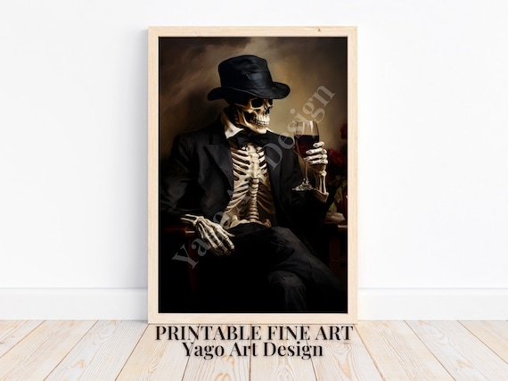 Skeleton In Suit Red Wine Glass Vintage Gothic Halloween Poster