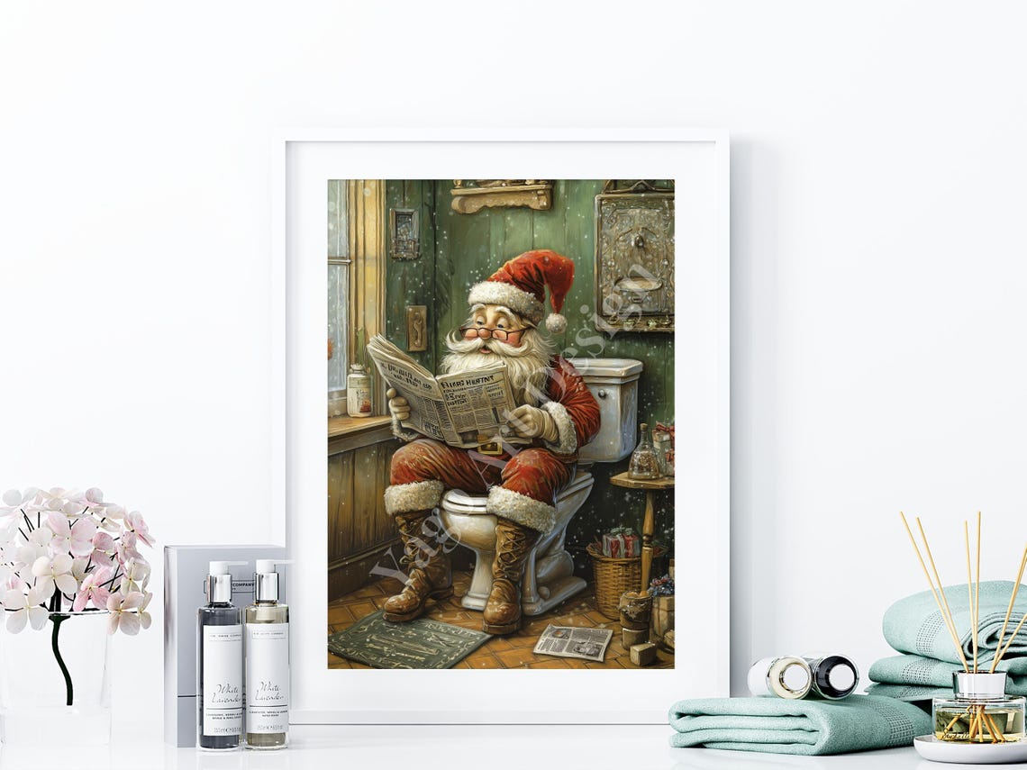 Santa Claus Reading Newspaper on Toilet Rustic Christmas Art Poster - Image 4