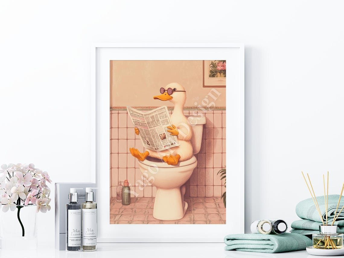 Duck Wearing Pink Sunglasses Reading Newspaper Funny Bathroom Poster - Image 4