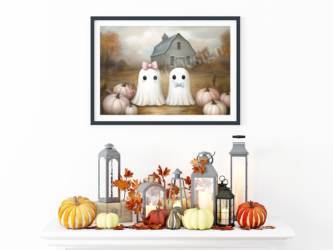 Cute Ghost Couple with Pumpkins at Old Barn Sweet Halloween Poster - Image 4